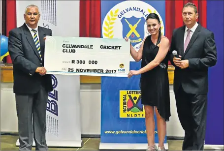  ?? Picture: SARAH JONES ?? LOTS OF BUCKS: Gelvandale Cricket Club president Gary Dolley, left, receives a cheque of R300 000 as part of a three-year partnershi­p with BLG Logistics. With him are Jeannie and Paul Gerber from BLG Logistics