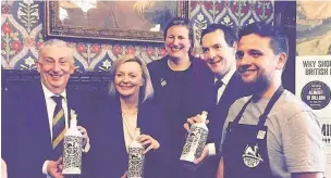  ??  ?? ●» Karl Bond, far right, from Forest Gin, shares some samples with (l-r) MP Lindsay Hoyle, MP Liz Truss, MP Antoinette Sandbach and Chancellor George Osborne