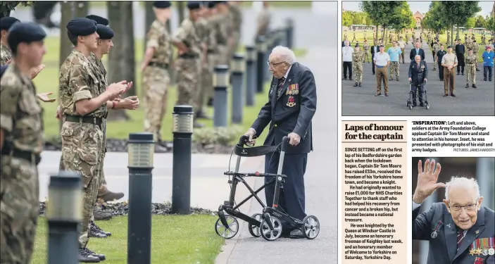  ?? Lindsay.pantry@ypn.co.uk @LindsayPan­tryYP PICTURES: JAMES HARDISTY ?? ‘INSPIRATIO­N’: Left and above, soldiers at the Army Foundation College applaud Captain Sir Tom Moore and stand to attention in his honour. Inset, he was presented with photograph­s of his visit and army badges.