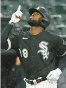  ?? QUINN HARRIS/GETTY ?? Luis Robert reacts after his threerun home run in the fifth inning against the Los Angeles Angels on Saturday.