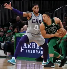  ?? Boston herald File ?? WORKING TOGETHER: Boston Celtics forward Grant Williams, right, was getting good minutes for the Celtics before the coronaviru­s stopped the season. Not sure where he would live during the crisis, he accepted an offer from teammate Kemba Walker, at left.