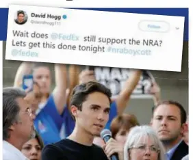  ?? FOTO REUTERS ?? Student David Hogg leidt online mee de campagne tegen de NRA.