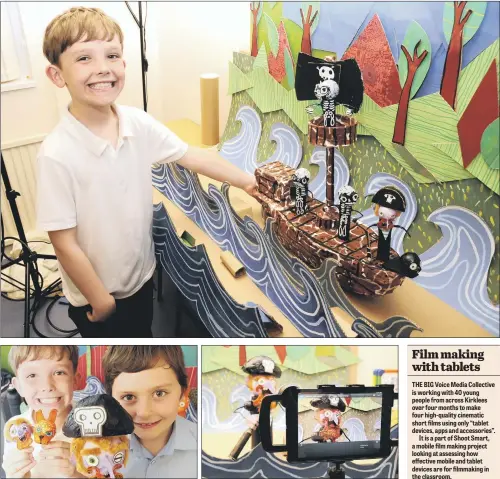  ??  ?? PIRATE ADVENTURE: William Lambeth on the set of Copperbear­d and the Legend of Pie, made by pupils at Battyeford Primary School in Mirfield, top; William with fellow filmmaker Finlay Oliver, above, left; the animated short has been nominated for an...