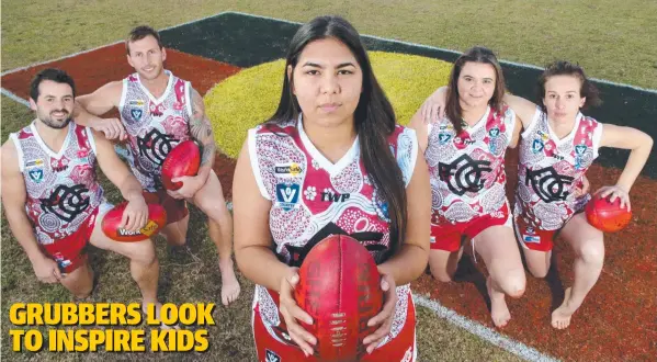 ?? Picture: GLENN FERGUSON ?? SHOW OF SUPPORT: Ocean Grove will be wearing indigenous jumpers this weekend. Left: Luke Cartelli, Justin Carey (senior men), Che Cockatoo (indigenous player), Candice McKenzie (indigenous player) and Jackie Montgomery (senior female captain).