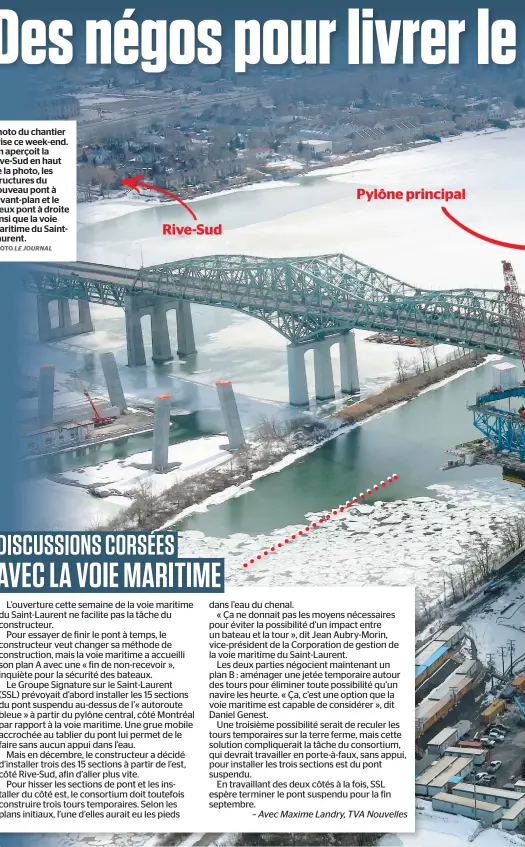  ??  ?? Photo du chantier prise ce week-end. On aperçoit la Rive-Sud en haut de la photo, les structures du nouveau pont à l’avant-plan et le vieux pont à droite ainsi que la voie maritime du SaintLaure­nt. PHOTO LE JOURNAL