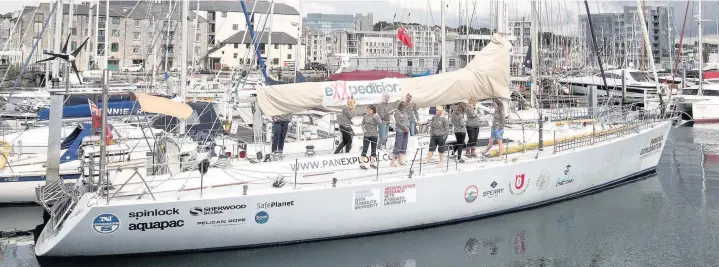  ??  ?? > Some of the all-female eXXpeditio­n pose on board the Sea Dragon as they prepare to sail around Britain to highlight the issue of plastic in the oceans