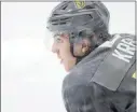  ?? Erik Verduzco Las Vegas Review-journal ?? Knights prized prospect Peyton Krebs, a forward, is all eyes and ears at practice Tuesday at City National Arena.