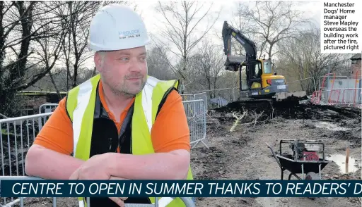  ??  ?? Manchester Dogs’ Home manager Steve Mapley overseas the building work after the fire, pictured right