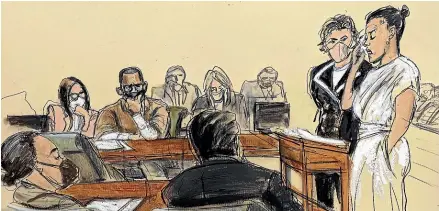  ?? AP ?? In this courtroom sketch, Lizzette Martinez, right, accompanie­d by her lawyer, Gloria Allred, speaks during R Kelly’s sentencing yesterday. Kelly and his lawyer, Jennifer Bonjean, are seated in the background left.