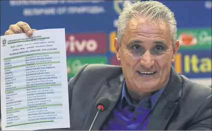  ?? FOTO: EFE ?? Tite, el selecciona­dor de Brasil, mostrando la lista de los jugadores convocados para disputar el Mundial de Rusia 2018