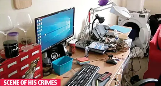  ??  ?? SCENE OF HIS CRIMES The computer desk at Matthew Falder’s flat, where he orchestrat­ed his horrific abuse over the internet. Footage showed his bedroom was messy, with empty food containers, clothes strewn across the floor and a toilet roll on his pillow