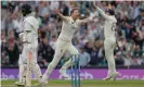  ?? Photograph: Tom Jenkins/ The Guardian ?? England’s Ollie Robinson celebrates the wicket of Cheteshwar Pujara late on day three at the Oval.