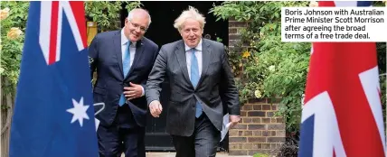  ??  ?? Boris Johnson with Australian Prime Minister Scott Morrison after agreeing the broad terms of a free trade deal.