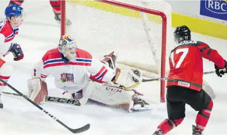  ?? GEOFF ROBINS, CP ?? Czech goalie Jakub Skarek had a busy and frustratin­g night, but he stoned Canada’s Tyler Steenberge­n on this attempt.