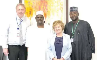  ??  ?? From left: British High Commission’s Deputy Head of Political Section, Stuart Gardner; Former Senate Leader, Mohammed Ali Ndume; British High Commission­er to Nigeria, Catherine Laing; and former Deputy Chairman, Senate Committee on NDDC, Nurudeen Abatemi-Usman, during a visit to the British High Commission in Abuja yesterday for a discussion on issues relating to the North-East