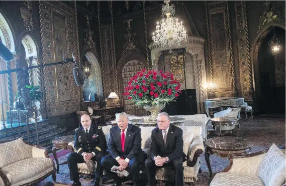  ?? NICHOLAS KAMM/GETTY IMAGES/FILES ?? U.S. President Donald Trump, centre, made the announceme­nt that U.S. army Lieutenant-general H.R. McMaster, left, would serve as his national security adviser and Keith Kellogg, right, would be McMaster’s chief of staff while staying at his Mar-a-Lago...