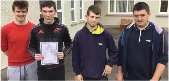  ?? Photo by Sheila Fitzgerald ?? Joeseph Sheehan, Daniel Duggan, Jordan Harris, Tommy Nunan pictured at Coláiste Treasa, Kanturk, after receiving their Leaving Cert results.