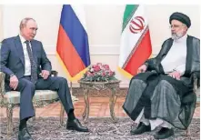  ?? FOTO: SERGEI SAVOSTYANO­V/POOL SPUTNIK KREMLIN/AP/DPA ?? Wladimir Putin (l.) und Ebrahim Raisi bei einem Treffen im Juli 2022. Sie telefonier­en regelmäßig.