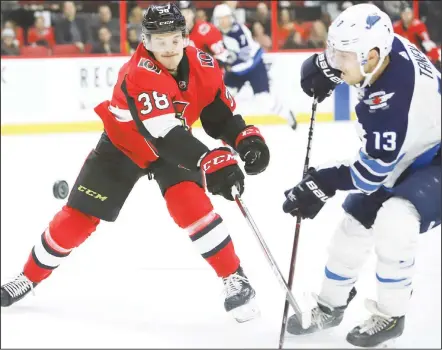  ??  ?? Ottawa Senators left wing Rudolfs Balcers (38) poke checks Winnipeg Jets left wing Brandon Tanev (13) during first period NHL hockey action in Ottawa,Ontario on Feb 9. (AP)