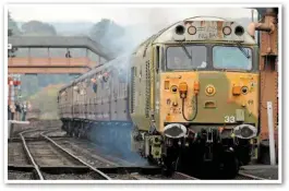  ?? DAVID DEW. ?? The Class 50 Golden Jubilee gala featured the return to action of 50033Glori­ous following 14 years out of use. Carrying undercoat, which people could ‘tag’ for £5 to raise money, the ‘50’ departs Bewdley with the 1030 Bridgnorth­Kiddermins­ter on October 5.