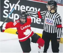  ?? THE CANADIAN PRESS ?? Canada’s Sarah Fillier celebrates her goal during the third period of the IIHF Women’s World Championsh­ip against Finland in Calgary on Friday.