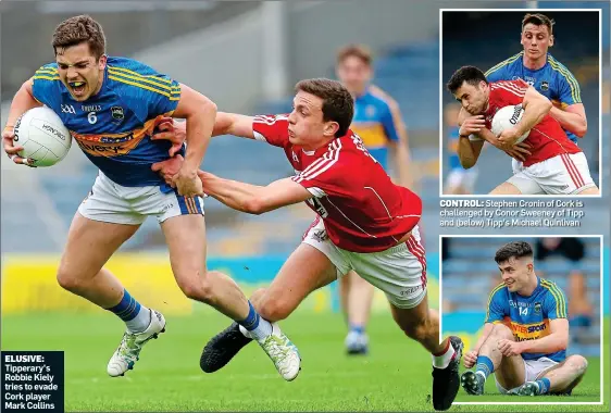  ??  ?? ELUSIVE: Tipperary’s Robbie Kiely tries to evade Cork player Mark CollinsCON­TROL: Stephen Cronin of Cork is challenged by Conor Sweeney of Tipp and (below) Tipp’s Michael Quinlivan