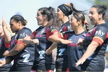  ?? GETTY IMAGES ?? Chiefs Manawa performs the haka against the Blues, in which Ruby Tui and Arihiana MarinoTauh­inu did not participat­e.