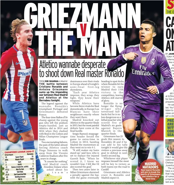  ??  ?? MADRID MATADORS Real legend Ronaldo will aim to break the hearts of Griezmann and Atletico for a third time