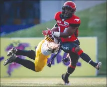  ?? Canadian Press photo ?? Hamilton Tiger-Cats linebacker Geoff Hughes, left, tries to stop Calgary Stampeders running back Roy Finch during first half CFL football action in Calgary, Saturday.