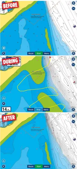  ??  ?? RIGHT: The existing chart from Navionics’ main database of the Inner Swashway outside Portsmouth Harbour RIGHT: The Inner Swashway showing our test boat’s track on the SonarChart database at the time. This original SonarChart showed a large drying area...