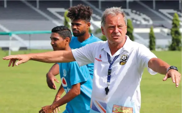  ?? Photo: ?? Vodafone Fijian football coach, Flemming Serritslev directs the players during one of the national football team’s training sessions at the newly constructe­d Govind Park, Ba, in late February. FFA Media