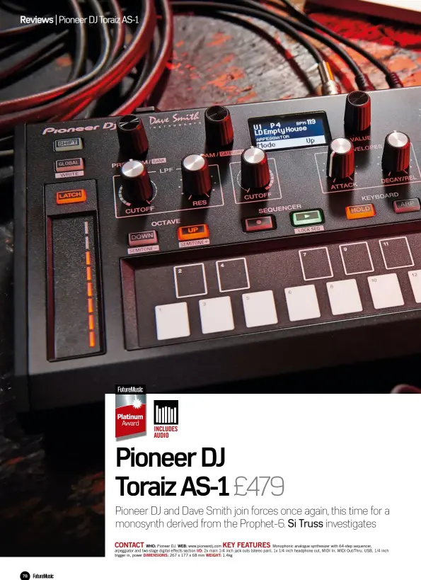 ??  ?? CONTACT KEY FEATURES
WHO: Pioneer DJ. WEB: www.pioneerdj.com Monophonic analogue synthesize­r with 64-step sequencer, arpeggiato­r and two-stage digital effects section I/O: 2x main 1/4 inch jack outs (stereo pair), 1x 1/4 inch headphone out, MIDI In,...