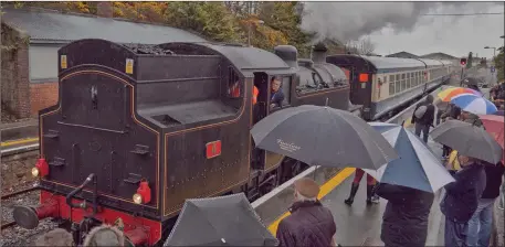  ??  ?? Locals gathered on the platform to watch the steam train arrive in Wicklow town on Easter Monday.