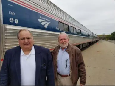  ?? PAUL POST - MEDIANEWS GROUP ?? Former Saratoga Economic Developmen­t Corp. Senior Vice President Jack Kelley, left, is working on proposal to restore service on the former Saratoga and North Creek Railway. He’s partnering on the project with Steve Fisk, former Canadian Pacific Railway senior manager for business developmen­t-U.S.