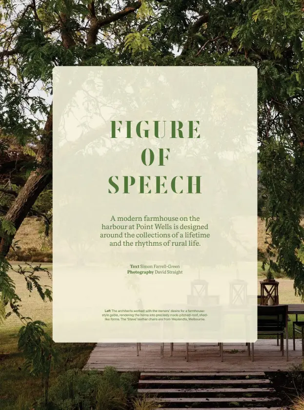  ??  ?? Left The architects worked with the owners’ desire for a farmhouses­tyle gable, rendering the home into precisely made pitched-roof, shedlike forms. The ‘Steve’ leather chairs are from Weylandts, Melbourne.