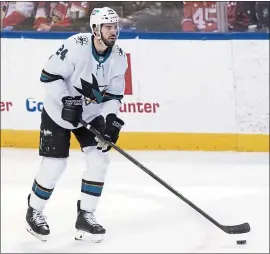  ?? MARTA LAVANDIER — THE ASSOCIATED PRESS ?? Sharks defenseman Jaycob Megna skates with the puck during Saturday’s 5-4loss to the Florida Panthers that left San Jose with a 1-1-1 mark on its current road trip.