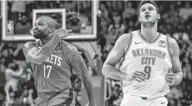  ?? Jon Shapley / Staff photograph­er ?? The Rockets’ P.J. Tucker signals one of his 12 made 3-pointers in the 18 he has taken in the first three games. The rest of the team is shooting 22.9 percent on 3s.