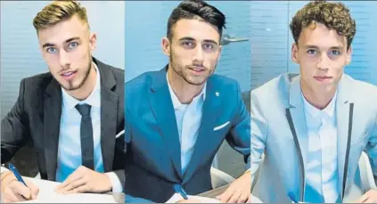  ?? FOTOS: FC BARCELONA ?? Òscar Mingueza, Guillem Jaime y Jandro Orellana estamparon ayer sus firmas en sus nuevos contratos con el Barça
