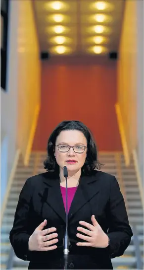  ?? [ Reuters ] ?? Andrea Nahles will die erste Frau an der Spitze der SPD werden.
