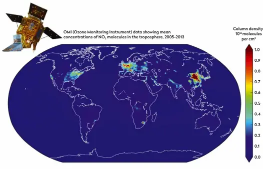  ??  ?? ▲ Data on nitrogen oxide (NO2) levels gathered by the TROPOMI instrument
– on board the Copernicus Sentinel-5P satellite (inset) – can be combined with CO2 data to help differenti­ate between natural and anthropoge­nic emissions. The above data shows NO2 levels in the tropospher­e – the lowest layer of Earth’s atmosphere – as monitored by the OMI (Ozone Monitoring Instrument) on NASA’s Aura satellite