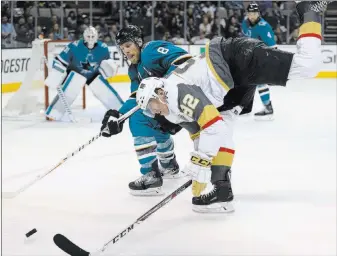  ?? Erik Verduzco ?? Golden Knights left wing Tomas Nosek goes for the puck against San Jose Sharks center Joe Pavelski during the third period Wednesday at the SAP Center in San Jose, Calif.
Las Vegas Review-journal @ Erik_verduzco