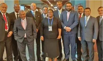  ??  ?? Speaker of the Fijian Parliament, Ratu Epeli Nailatikau (left) with representa­tives of the Small Island Developing States at the 141st IPU Assembly.