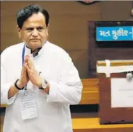  ?? PTI ?? Congress leader Ahmed Patel after casting his vote for the Rajya Sabha election at the secretaria­t in Gandhinaga­r on Tuesday.