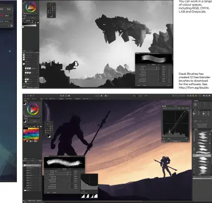  ??  ?? You can work in a range of colour spaces, including RGB, CMYK, LAB and Greyscale. Daub Brushes has created 12 free blender brushes to download for the software. See http://ifxm.ag/daubb.