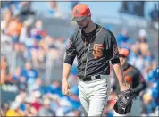  ?? JENNIFER STEWART — GETTY IMAGES ?? Giants pitcher Tyler Beede allowed four hits and three runs in two innings against the Kansas City Royals on Monday.