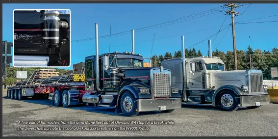  ?? ?? A fine pair of flat-roofers from the Gina Marie fleet out of Olympia WA stop for a break while the drivers fuel up; note the cool old-skool 359 breathers on the W900L K-dub.