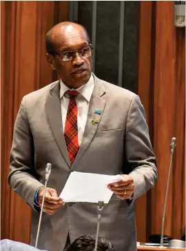 ?? Photo: PARLIAMENT OF FIJI ?? Minister for Infrastruc­ture and Meteorolog­ical Services and Minister for Lands and Mineral Resources, Jone Usamate during last month’s Parliament sitting.