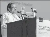  ?? —AFP ?? Vice President Venkaiah Naidu speaks at the opening of the 50th Union World Conference on Lung Health, in Hyderabad.