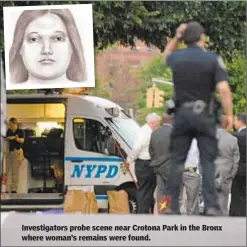  ?? SAM COSTANZA ?? Investigat­ors probe scene near Crotona Park in the Bronx where woman’s remains were found.