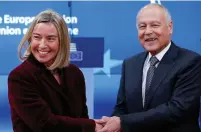  ?? (Francois Lenoir/Reuters) ?? EUROPEAN UNION foreign-policy chief Federica Mogherini welcomes Arab League Secretary-General Ahmed Aboul Gheit ahead of a meeting to discuss the Middle East peace process yesterday in Brussels.